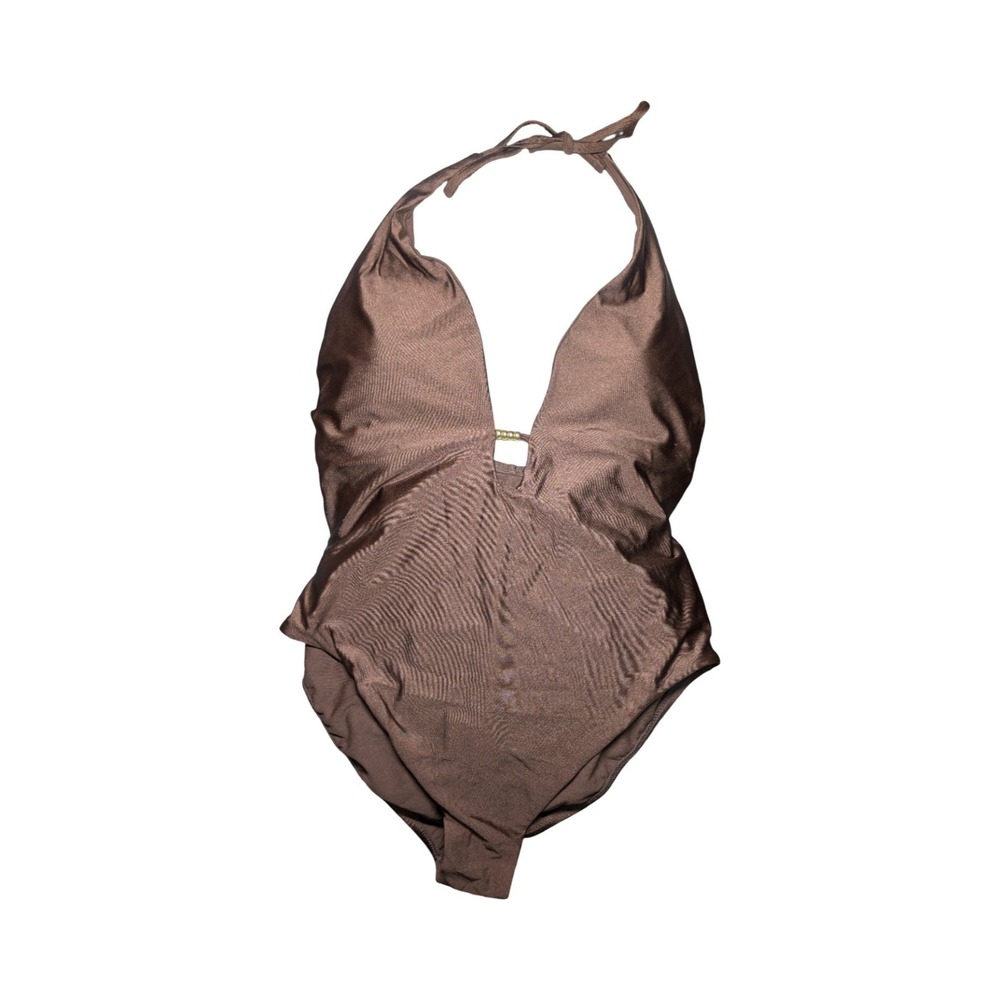 ⭐D5 Shade & Shore Women's Shiny Plunge Cheeky Beaded One Piece Swimsuit Brown XS